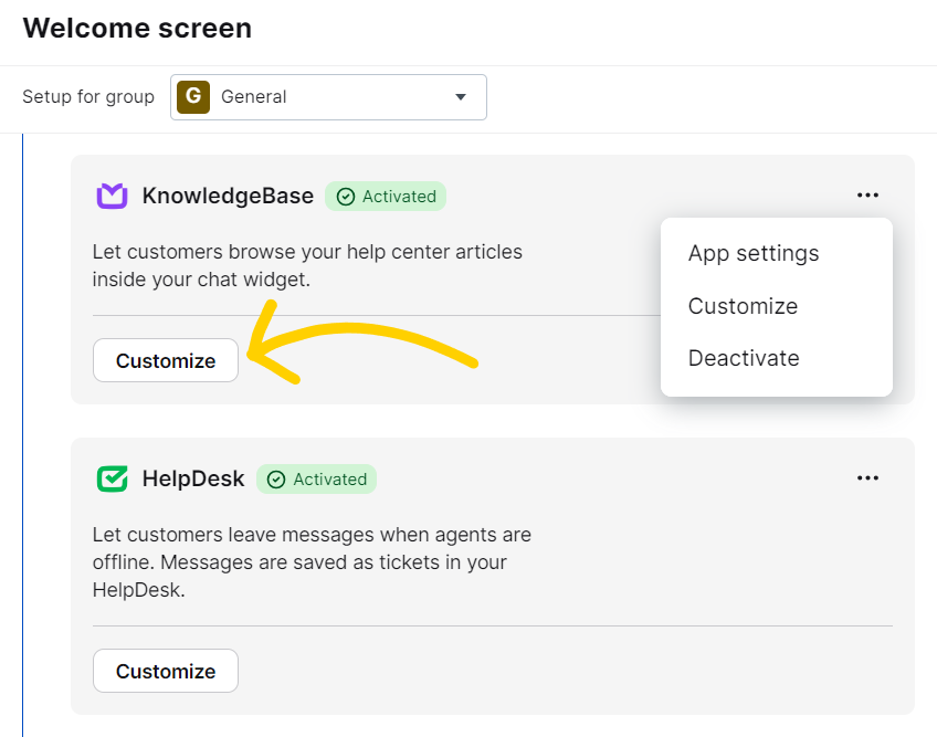 Welcome Screen KnowledgeBase Customize